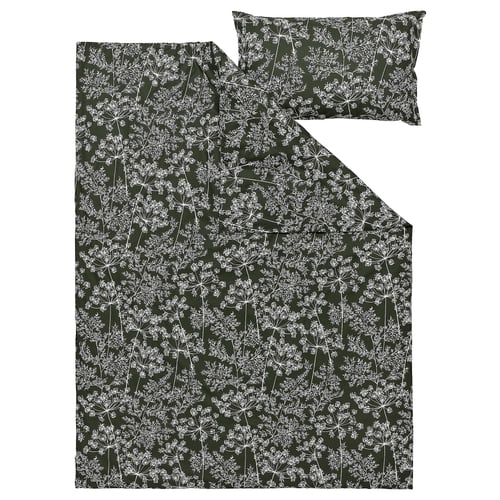 DAGGBJÖRNBÄR Duvet cover and pillowcase, dark green/floral pattern, 150x200/50x80 cm