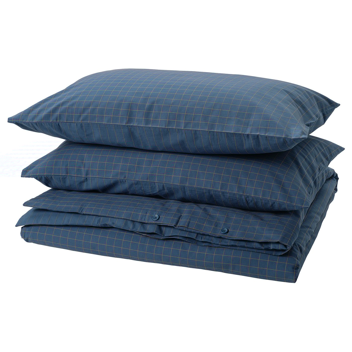 DOFTAKLEJA duvet set, dark blue with check pattern, cotton, rectangle, three pieces.