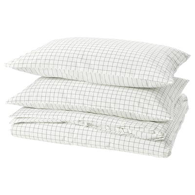 DOFTAKLEJA duvet set, white & anthracite, cotton, check & stripes, corner pockets