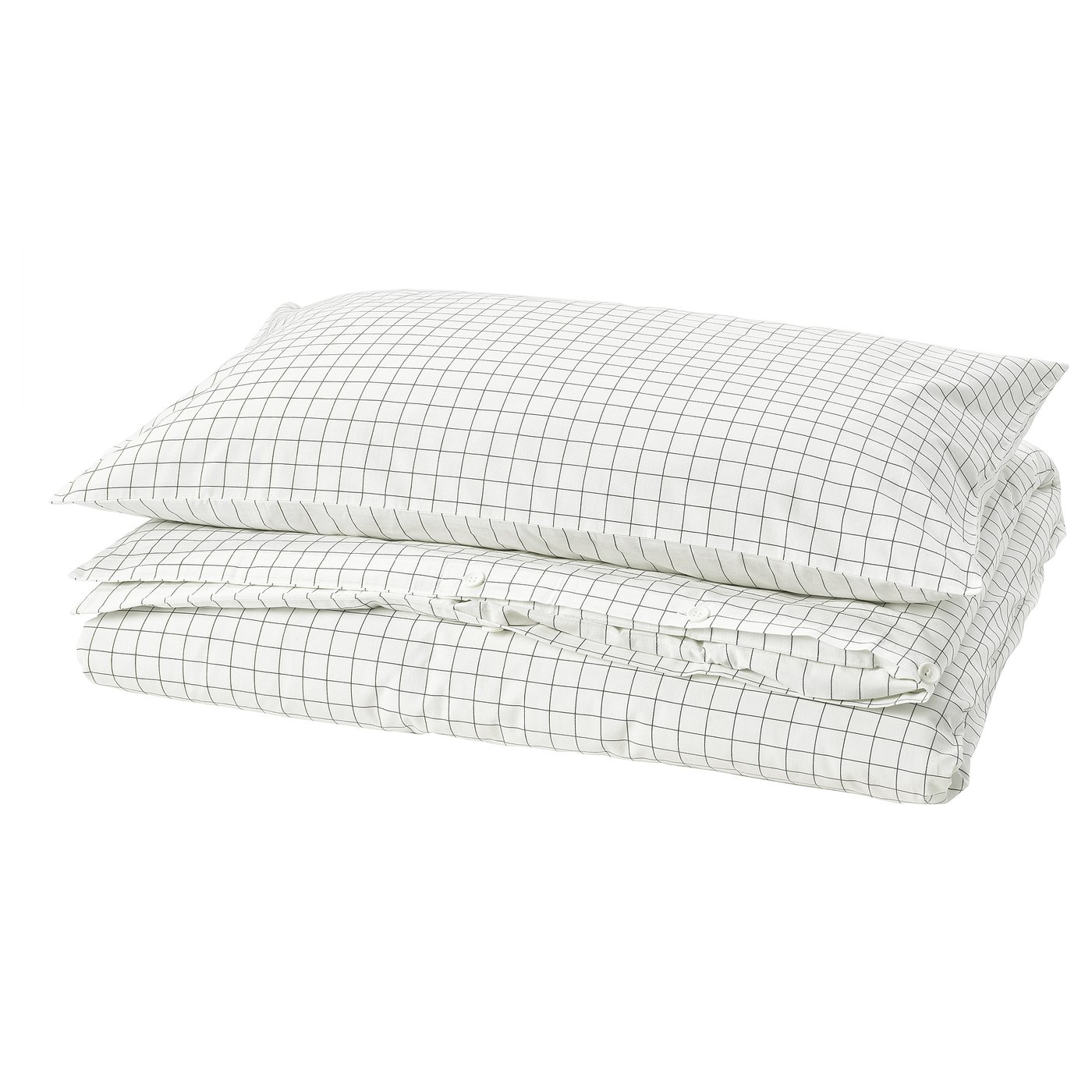 DOFTAKLEJA duvet set, white with anthracite grid & stripe patterns, rectangular, soft cotton.