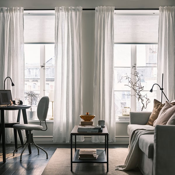 DYTÅG Curtains, 1 pair, white/with heading tape, 145x250 cm