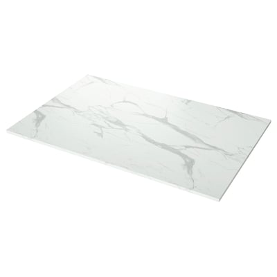 White marble-textured rectangular countertop, smooth surface with visible veins, made from laminate material.