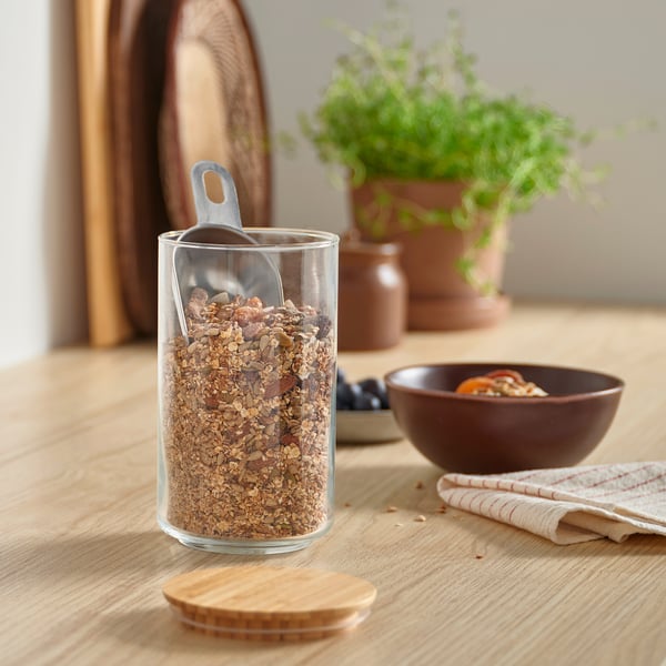 EKLATANT Jar with lid, clear glass/bamboo, 1 l