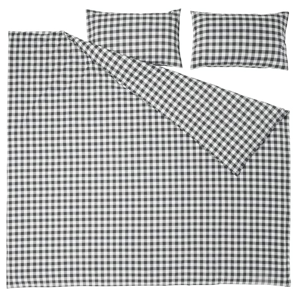 EKTANDVINGE Duvet cover and 2 pillowcases, anthracite white/check, 240x220/50x80 cm
