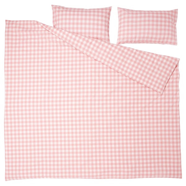EKTANDVINGE Duvet cover and 2 pillowcases, light pink white/check, 240x220/50x80 cm