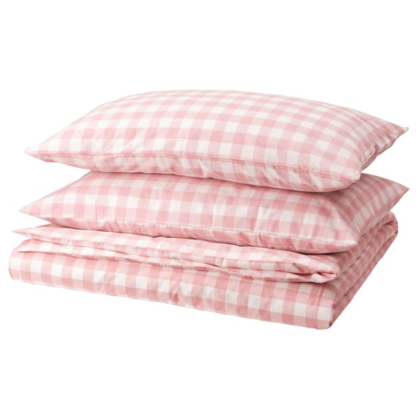 EKTANDVINGE Duvet cover and 2 pillowcases, light pink white/check, 240x220/50x80 cm