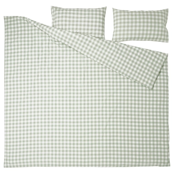 EKTANDVINGE Duvet cover and 2 pillowcases, pale grey-green white/check, 240x220/50x80 cm