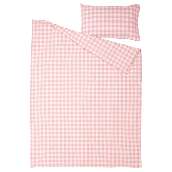 EKTANDVINGE Duvet cover and pillowcase, light pink white/check, 150x200/50x80 cm