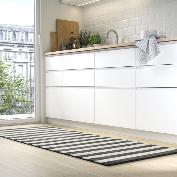 ELSYSTEM Rug, low pile, black/white/stripe, 80x200 cm