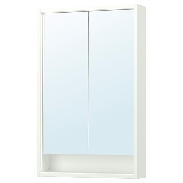 White FAXÄLVEN mirror cabinet with lighting.