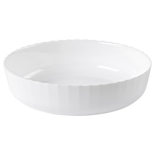 A FISKTÄRNA white round glass bowl. Its made of tempered opal glass, with smooth edges and a glossy finish.