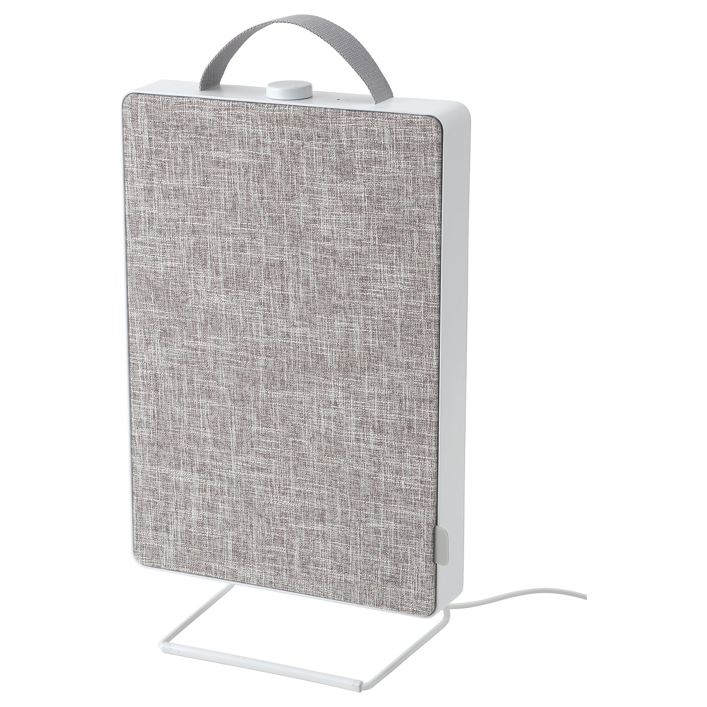 A white FÖRNUFTIG air purifier, rectangular and fabric-covered, on a stand, with a handle on top for portability.