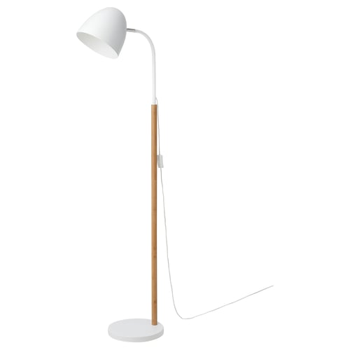 FRANSALG floor lamp, white with bamboo, adjustable neck, minimalist design.