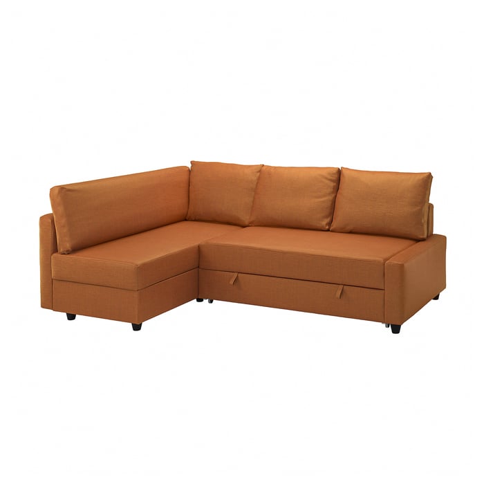 FRIHETEN / KLAGSHAMN corner sofa-bed with storage, Faringe brown-orange