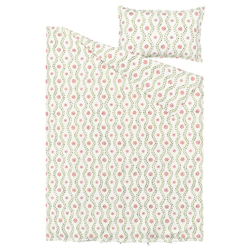 A white FYRISVIDE duvet set with red and green floral designs on cotton. A duvet and matching pillowcase, showcasing a vintage-inspired pattern.