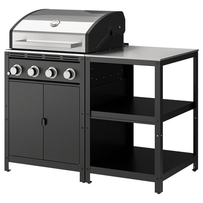 Black outdoor gas grill with three burners and shelves. Modern design with stainless steel top.