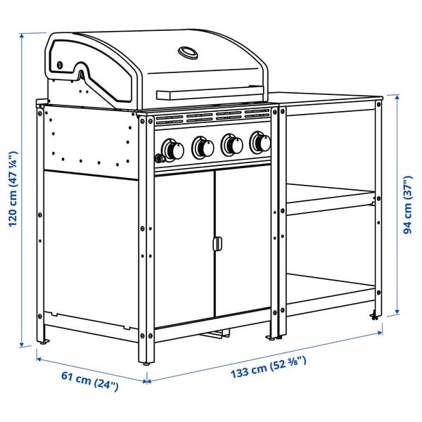 GRILLSKÄR Gas barbecue w kitchen island, stainless steel/outdoor, 133x61 cm