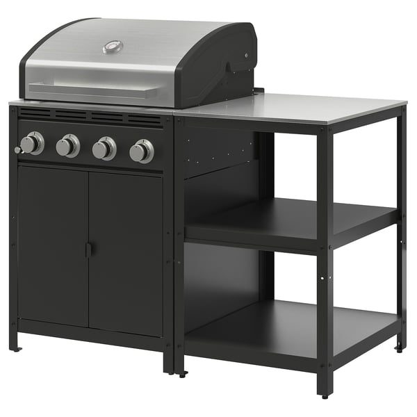 GRILLSKÄR Gas barbecue w kitchen island, stainless steel/outdoor, 133x61 cm