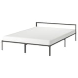 GRIMSBU bed: white, sleek metal frame. Modern, minimalist design. Sturdy, low profile.