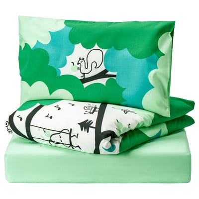 GRÖNFINK 3-piece bedlinen set for cot, green/turquoise, 70x132 cm