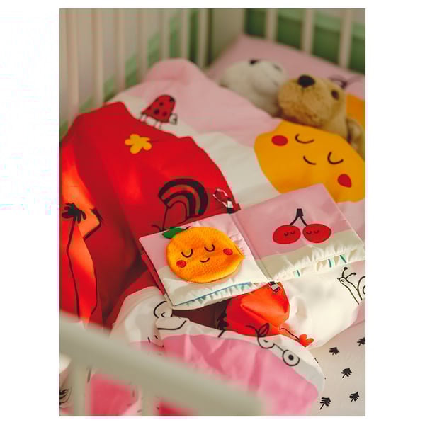 GRÖNFINK Duvet cover 1 pillowcase for cot, multicolour/striped, 110x125/35x55 cm