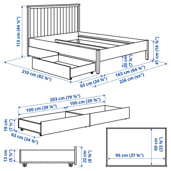 GULLABERG Bed frame with 2 storage boxes, grey/Lönset, Queen