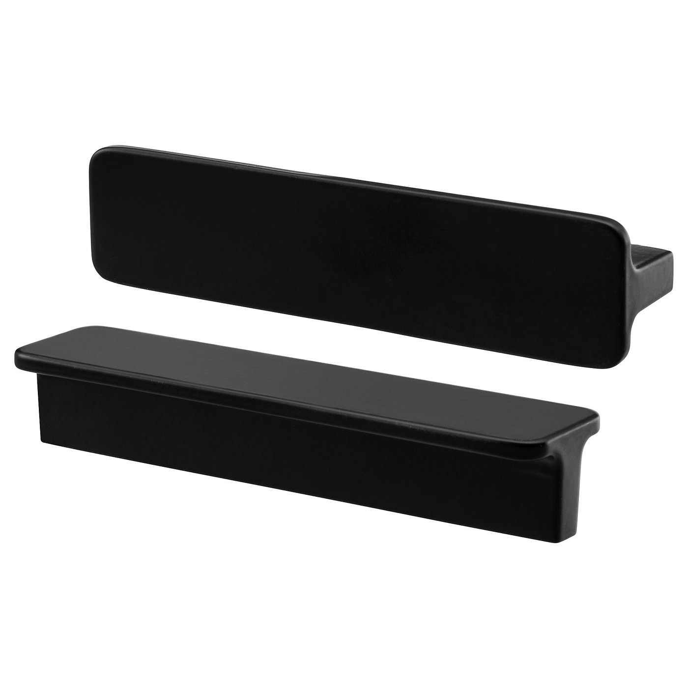 Two sleek black HACKÅS handles, made of powder-coated aluminium, rectangular with smooth edges.