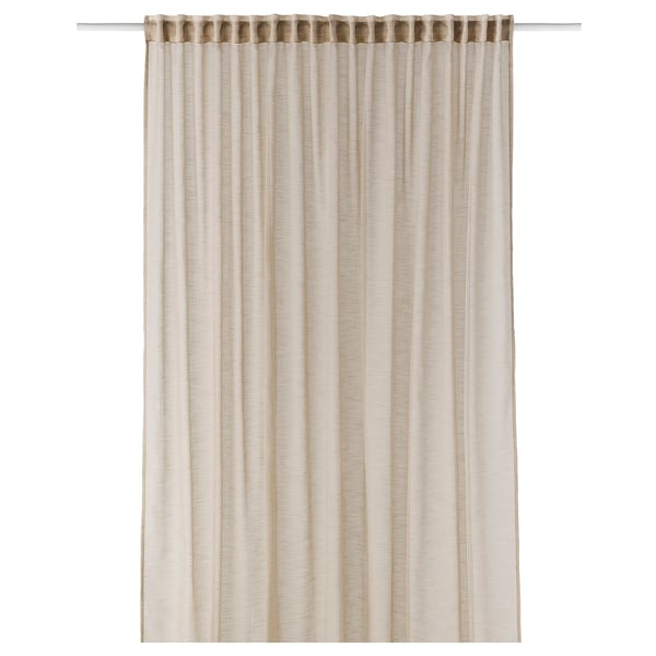 HÄLLEBRÄCKA beige curtain, sheer, recycled polyester, rectangular with heading tape.