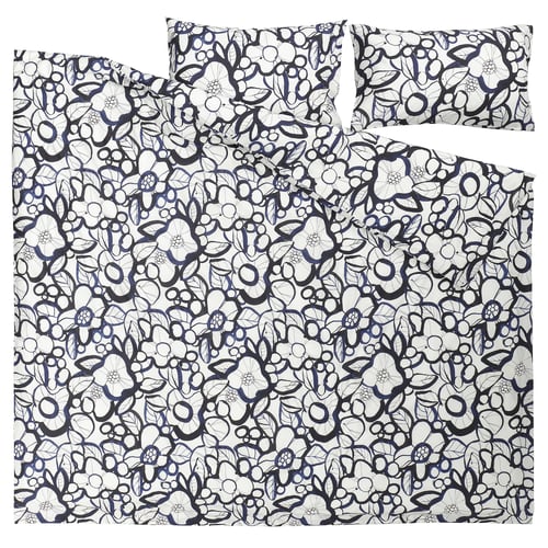 HÄRLIR duvet set, black-blue floral print, rectangular shape, cotton/lyocell fabric.