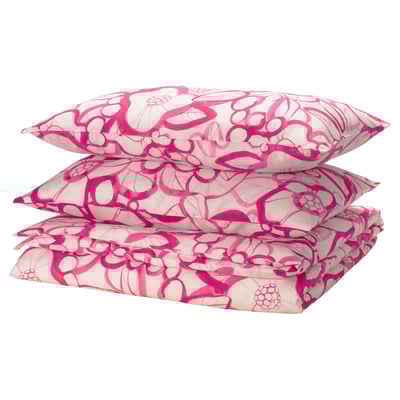Pink HÄRLIR bed set, floral pattern, square pillowcases, cotton-blend.