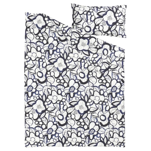 HÄRLIR black/blue floral bedding set, featuring intricate designs, made from cotton/lyocell blend for softness and breathability.