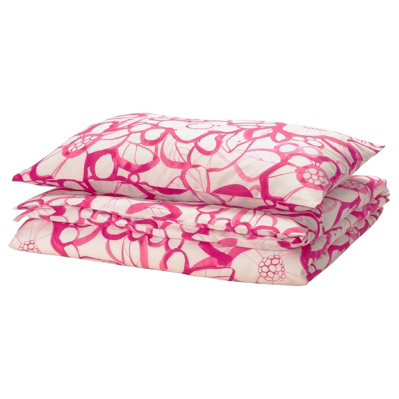 Bright pink and white floral folded bedding set, rectangular with intricate pattern, made from cotton and lyocell blend.