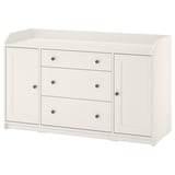 A white ikea HAUGA sideboard with drawers and cabinet doors. It has a classic, rectangular design with grey knobs and a top shelf.