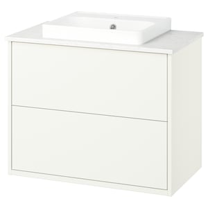 A white HAVBÄCK bathroom vanity with a marble countertop and rectangular sink. It has a sleek, modern design with two drawers.