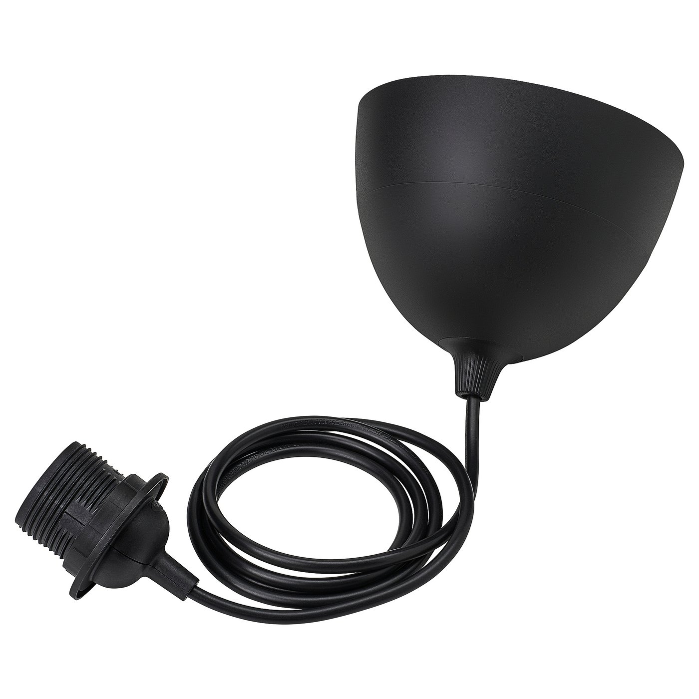 Black lamp cord set, including cone-shaped suspension fitting and cord with adjustable length.