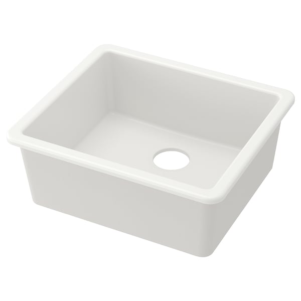 A HAVSEN white sink. Its square, made of ceramics with a smooth, rounded design.