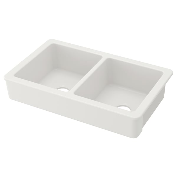 HAVSEN double-bowl kitchen sink, white ceramic, rounded corners.
