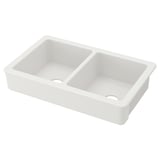 HAVSEN double-bowl kitchen sink, white ceramic, rounded corners.