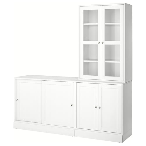 White HAVSTA storage set: cabinet, sideboard, glass-door unit. Rustic pine, clean design for home.