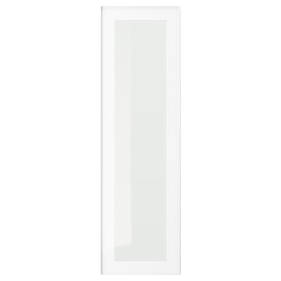 A sleek, white HEJSTA glass cabinet door with an aluminium frame and clear glass panel.