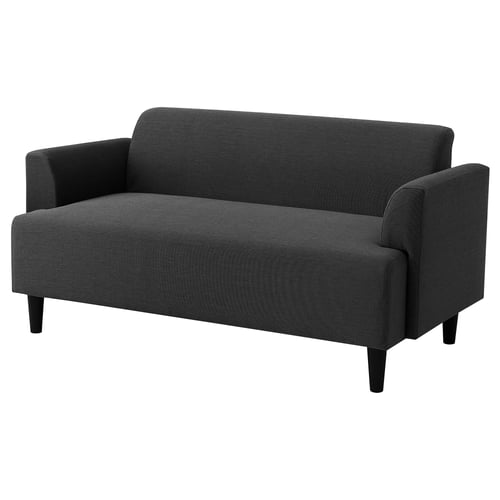 Dark grey HEMLINGBY sofa. Compact, modern design for small spaces, sturdy fabric upholstery, sleek black legs.