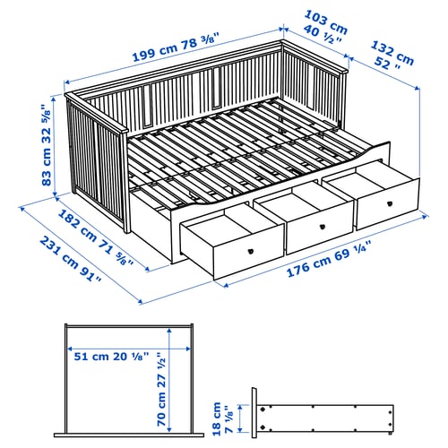 Illustration with measurements for the product: HEMNES.