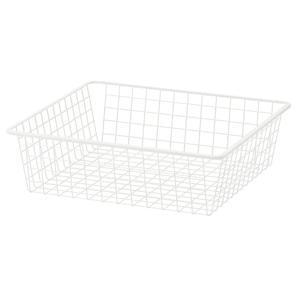 Depicts a white wire mesh storage basket, rectangular in shape, designed for organising items with an air-circulating design.
