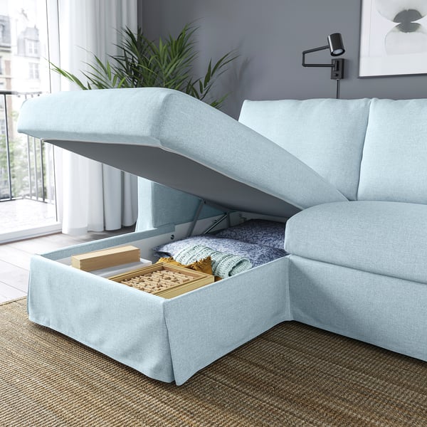 HYLTARP 3-seat sofa w chaise longue, left, Kilanda pale blue