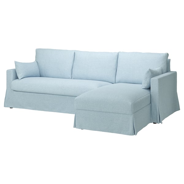 HYLTARP 3-seat sofa w chaise longue, right, Kilanda pale blue