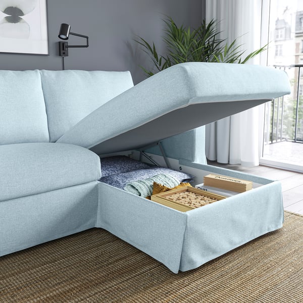 HYLTARP 3-seat sofa w chaise longue, right, Kilanda pale blue