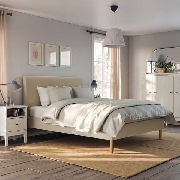 IDANÄS Upholstered bed frame, Naggen beige, Queen