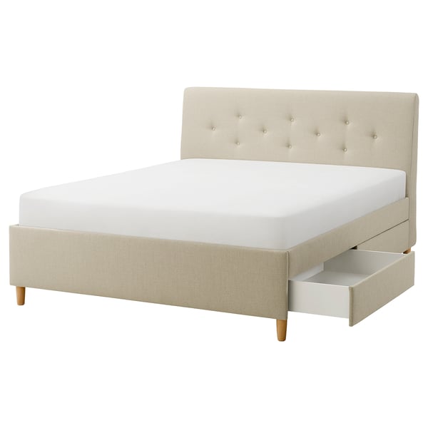 IDANÄS Upholstered storage bed, Naggen beige, Queen