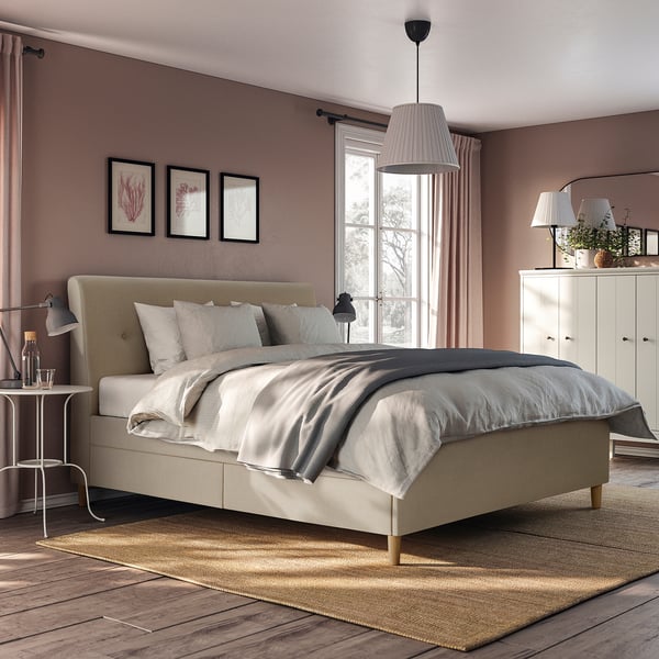 IDANÄS Upholstered storage bed, Naggen beige, Queen