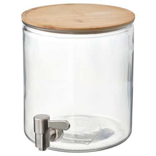 IKEA 365+ glass drink dispenser, bamboo lid, stainless steel tap, clear, cylindrical, simple design.